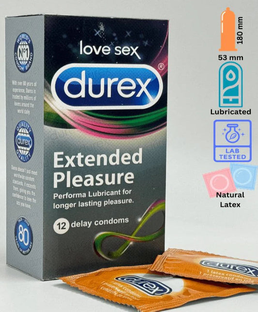 Durex Extended Pleasure Condoms Lubricated - 12 Long Lasting Delay Condoms.